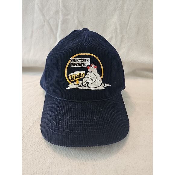 Vintage BLUE Corduroy Alaska "Sumbitchen Weather" Polar Bear Snapback Cap Hat - Picture 1 of 5